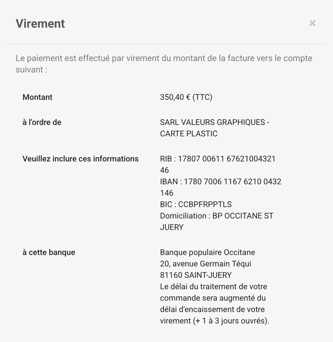 Informations pour effectuer un Virement bancaire